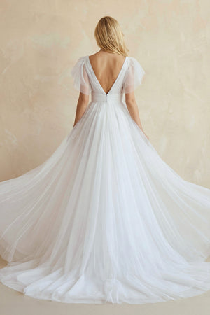 Casual Beach A-Line Tulle Wedding Dress With V-neck And Low-V Back– Wedding Dresses by KissProm | Available at KissProm