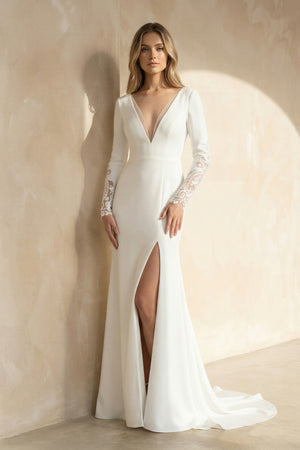 Hollynn | Casual V - neck mermaid Sweep Train Long Sleeve Wedding Dress With Slit– Wedding Dresses by KissProm | Available at KissProm