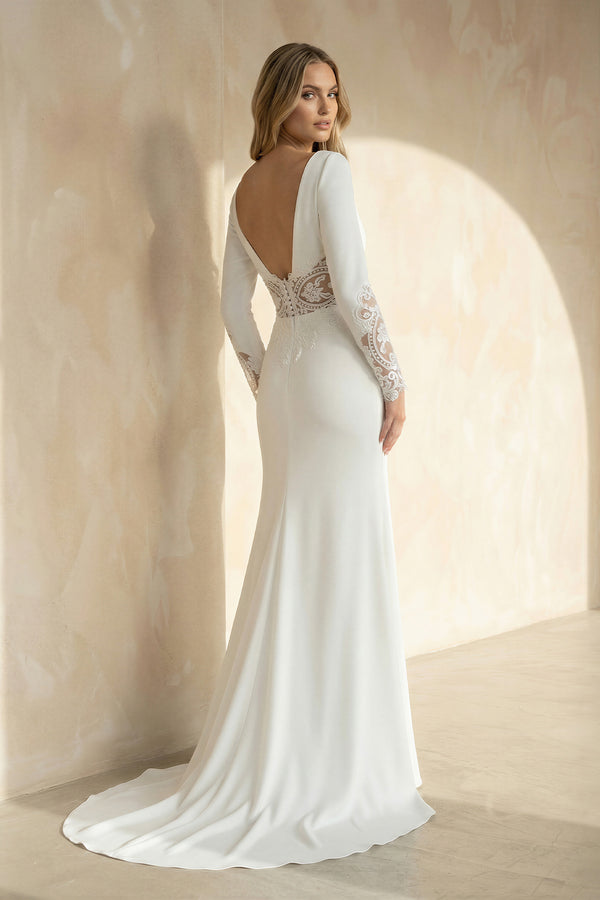 Hollynn | Casual V - neck mermaid Sweep Train Long Sleeve Wedding Dress With Slit– Wedding Dresses by KissProm | Available at KissProm