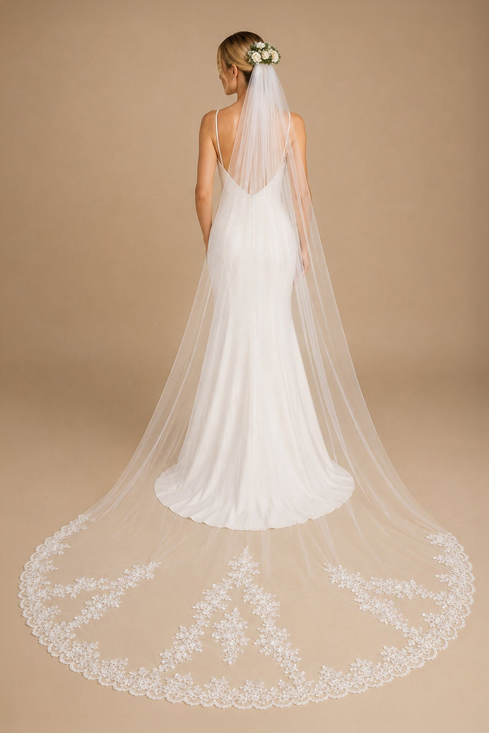 Cathedral Veils with Lace and Beaded Hemline in Ivory - KissProm Wedding Veils