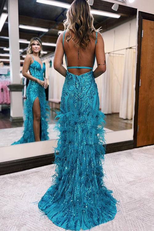 Spaghetti Straps Sequin Sweetheart Mermaid Prom Dresses with Slit main image 0