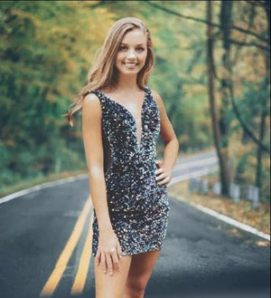Sparkly Bodycon V Neck Navy Sequins Short Homecoming Dresses - KissProm