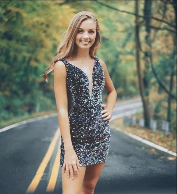 Sparkly Bodycon V Neck Navy Sequins Short Homecoming Dresses - KissProm