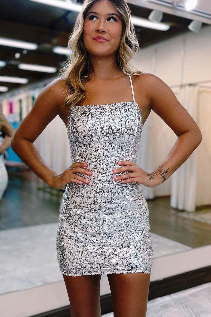 Serena | Glitter Bodycon Straps Silver Sequins Short Homecoming Dresses