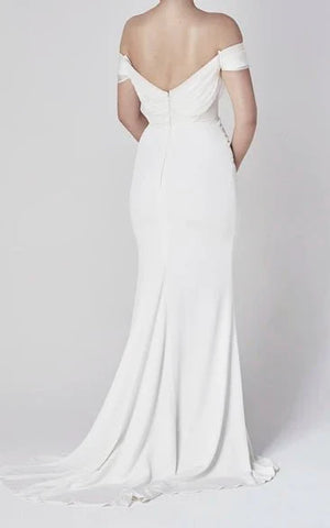 Off-the-shoulder Elegant Mermaid Satin Wedding Dress With Tiers And V-back