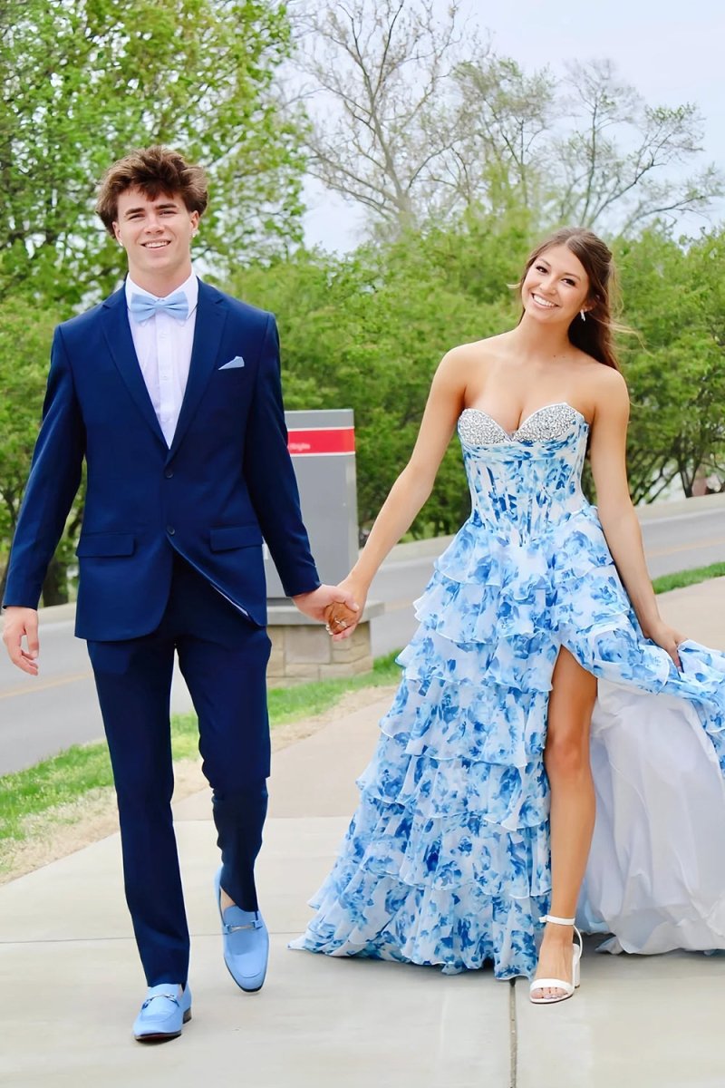 KissProm-Ceeylo Sky Blue A - Line Floral Chiffon Strapless Ruffled Beaded Long Prom Dresses with Slit