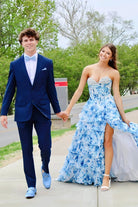 KissProm-Ceeylo Sky Blue A - Line Floral Chiffon Strapless Ruffled Beaded Long Prom Dresses with Slit