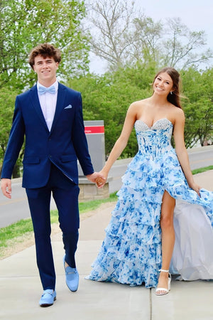 KissProm-Ceeylo Sky Blue A - Line Floral Chiffon Strapless Ruffled Beaded Long Prom Dresses with Slit