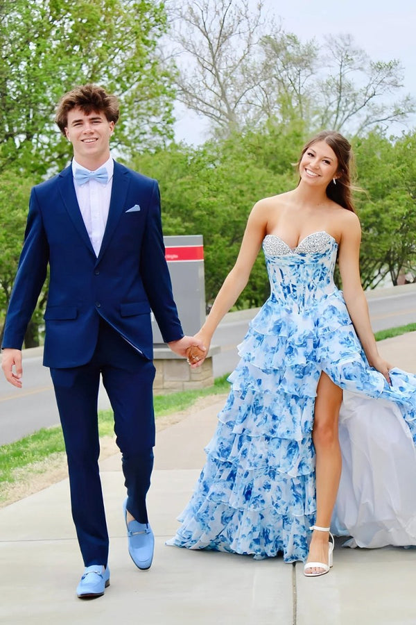KissProm-Ceeylo Sky Blue A - Line Floral Chiffon Strapless Ruffled Beaded Long Prom Dresses with Slit