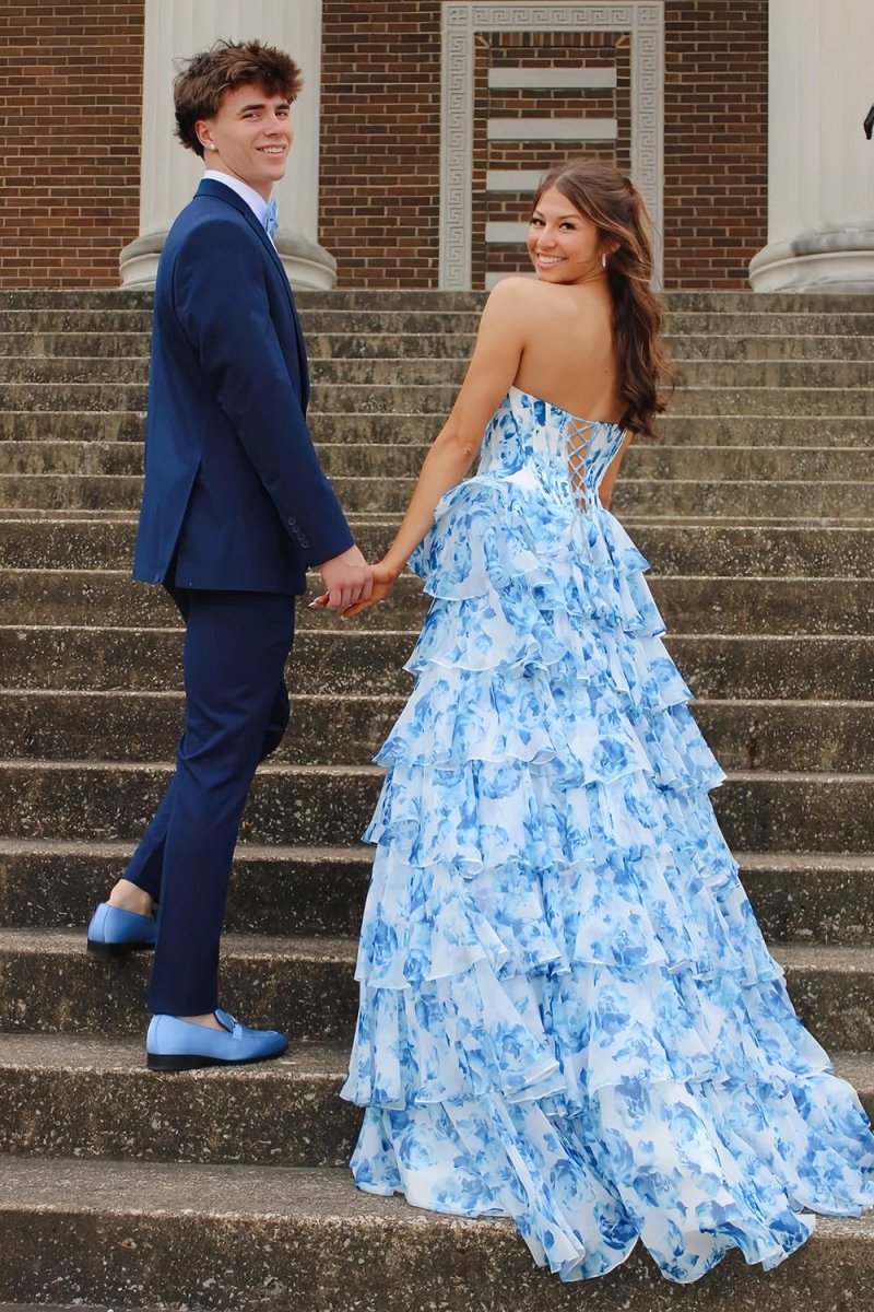 KissProm-Ceeylo Sky Blue A - Line Floral Chiffon Strapless Ruffled Beaded Long Prom Dresses with Slit