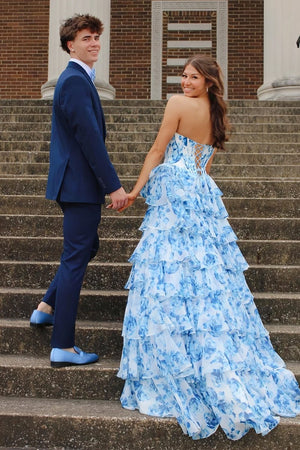 KissProm-Ceeylo Sky Blue A - Line Floral Chiffon Strapless Ruffled Beaded Long Prom Dresses with Slit