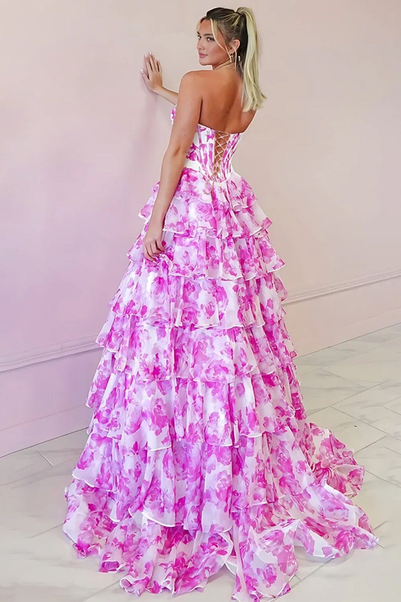 KissProm-Ceeylo Pink A - Line Floral Chiffon Strapless Ruffled Beaded Long Prom Dresses with Slit