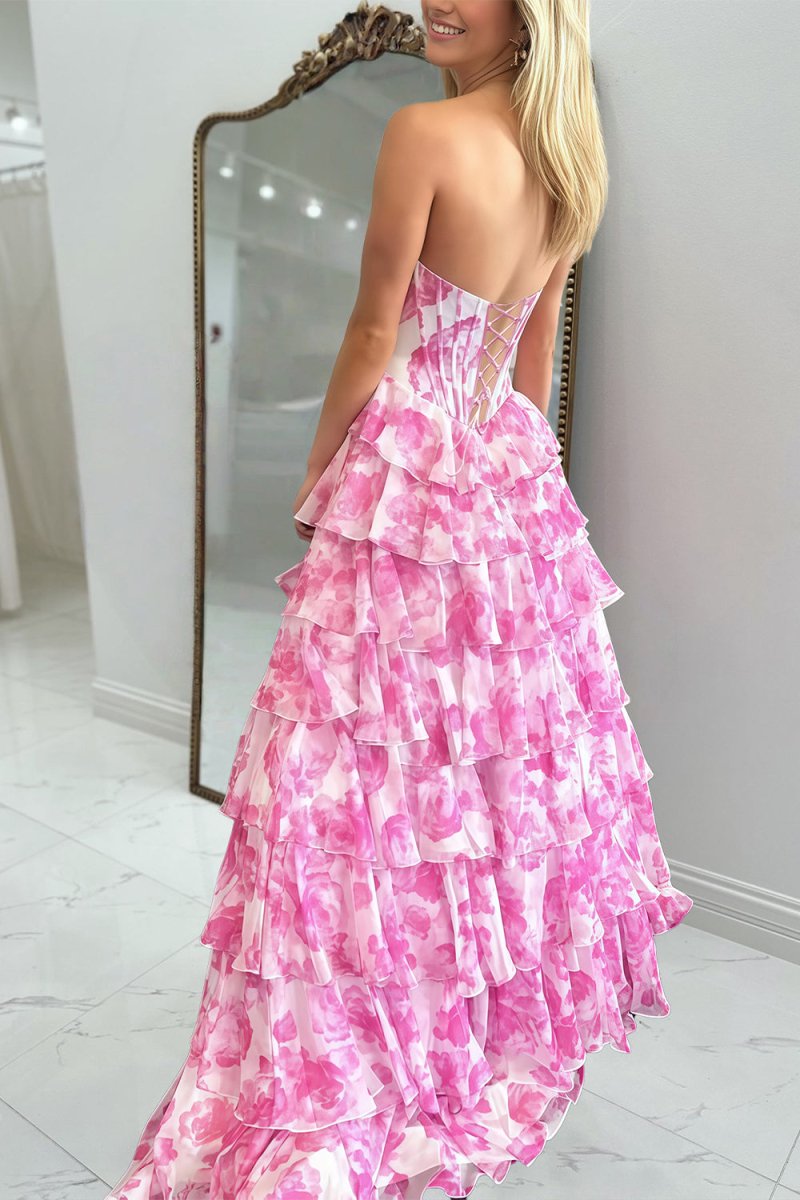 KissProm-Ceeylo Pink A - Line Floral Chiffon Strapless Ruffled Beaded Long Prom Dresses with Slit