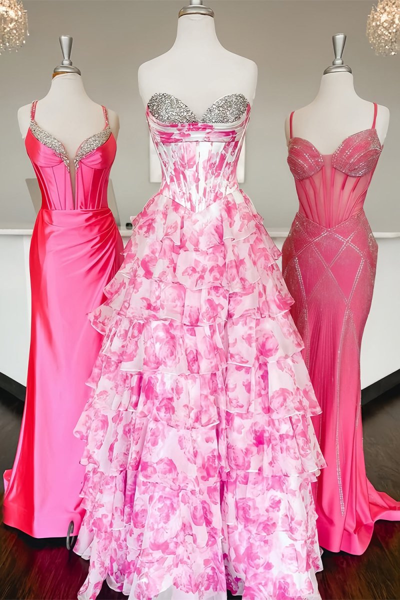 KissProm-Ceeylo Pink A - Line Floral Chiffon Strapless Ruffled Beaded Long Prom Dresses with Slit