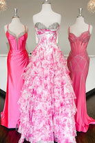 KissProm-Ceeylo Pink A - Line Floral Chiffon Strapless Ruffled Beaded Long Prom Dresses with Slit