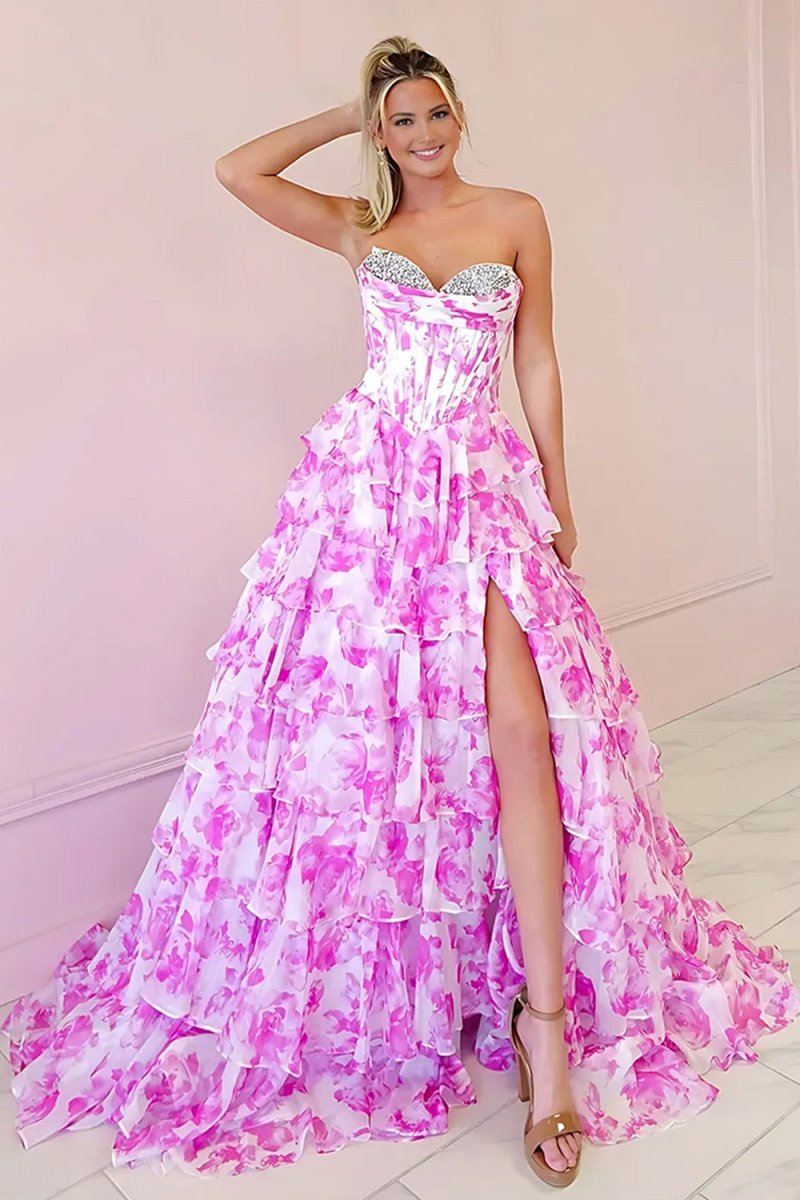 KissProm-Ceeylo Pink A - Line Floral Chiffon Strapless Ruffled Beaded Long Prom Dresses with Slit