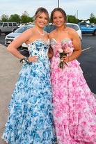 KissProm-Ceeylo Sky Blue A - Line Floral Chiffon Strapless Ruffled Beaded Long Prom Dresses with Slit