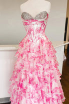 KissProm-Ceeylo Pink A - Line Floral Chiffon Strapless Ruffled Beaded Long Prom Dresses with Slit