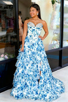 KissProm-Ceeylo Sky Blue A - Line Floral Chiffon Strapless Ruffled Beaded Long Prom Dresses with Slit