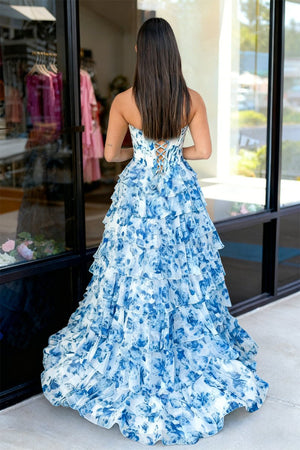 KissProm-Ceeylo Sky Blue A - Line Floral Chiffon Strapless Ruffled Beaded Long Prom Dresses with Slit
