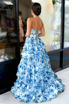 KissProm-Ceeylo Sky Blue A - Line Floral Chiffon Strapless Ruffled Beaded Long Prom Dresses with Slit