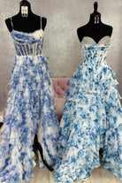 KissProm-Ceeylo Sky Blue A - Line Floral Chiffon Strapless Ruffled Beaded Long Prom Dresses with Slit