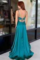 KissProm-Celaia Emerald A Line Spaghetti Straps Satin Long Prom Dresses With Slit 