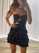 Celandine | Black - Strapless A Line Metallic Tiered Homecoming Dress With Beading