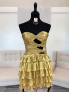 Celandine | Gold - Strapless A Line Metallic Tiered Homecoming Dress With Beading