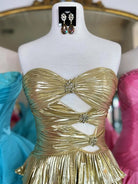 Celandine | Gold - Strapless A Line Metallic Tiered Homecoming Dress With Beading