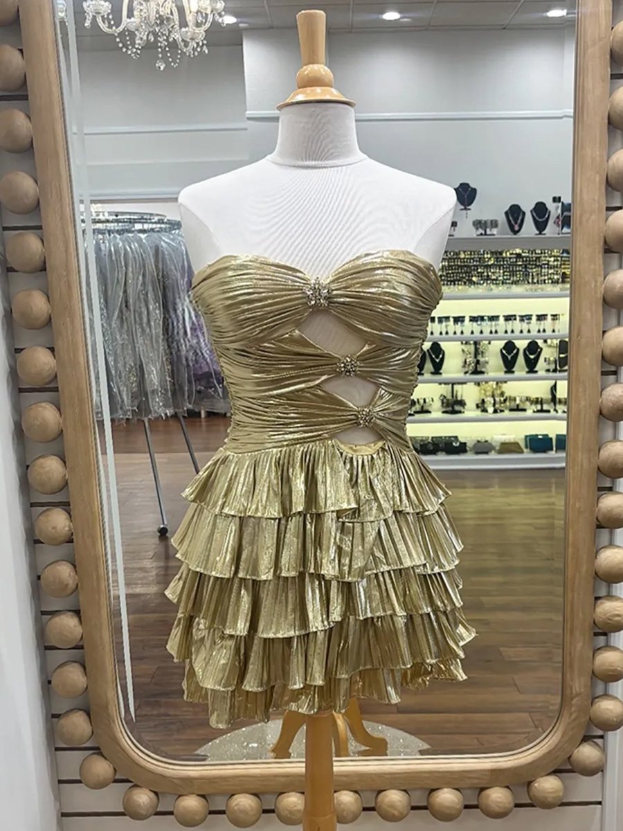 Celandine | Gold - Strapless A Line Metallic Tiered Homecoming Dress With Beading