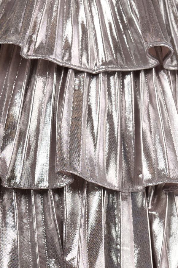 Silver Strapless A Line Metallic Tiered Homecoming Dress With Beading-KISSPROM
