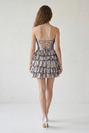 Silver Strapless A Line Metallic Tiered Homecoming Dress With Beading-KISSPROM