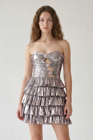 Silver Strapless A Line Metallic Tiered Homecoming Dress With Beading-KISSPROM