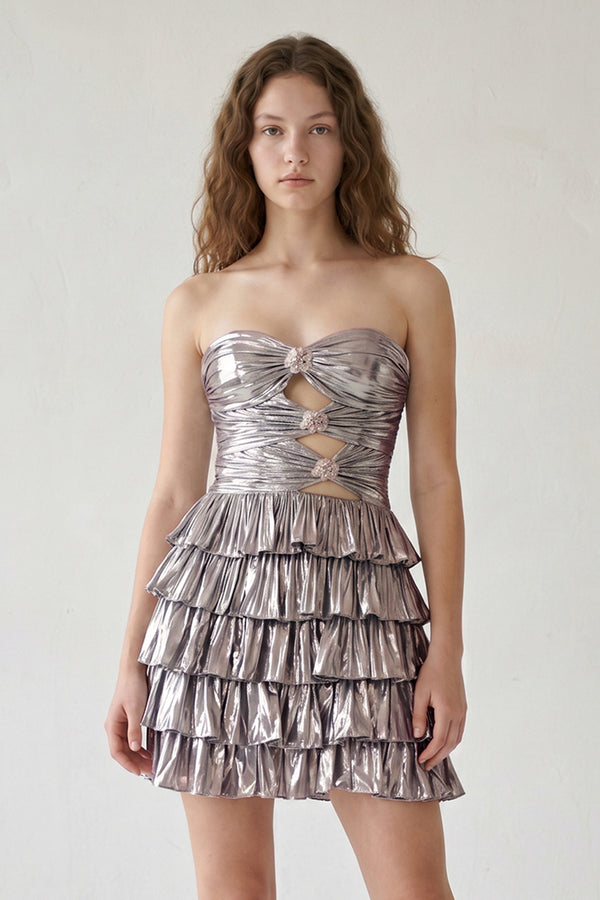 Silver Strapless A Line Metallic Tiered Homecoming Dress With Beading-KISSPROM