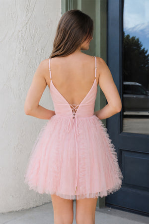 Pink Straps A-line Short Tulle Ruched Homecoming Dress - KissProm 