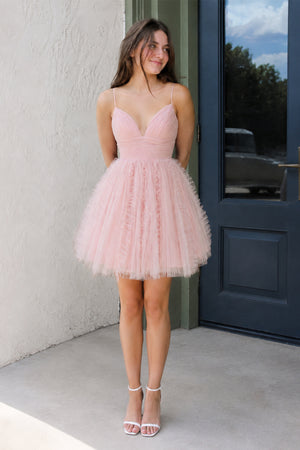 Pink Straps A-line Short Tulle Ruched Homecoming Dress - KissProm 