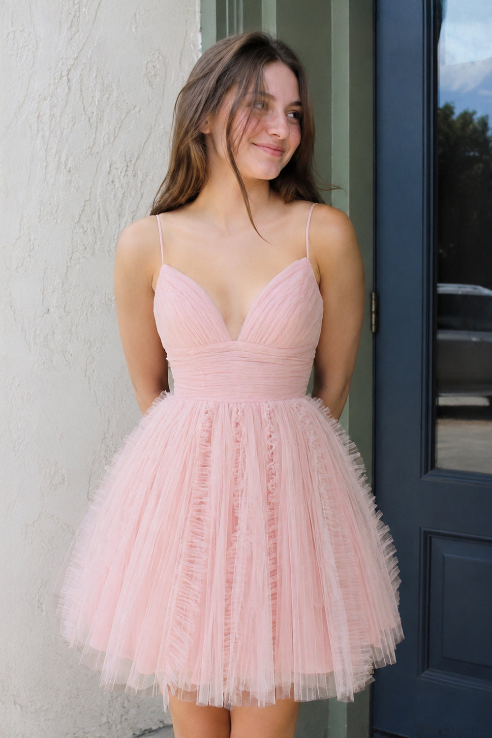 Pink Straps A-line Short Tulle Ruched Homecoming Dress - KissProm 