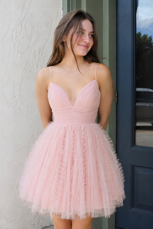 Pink Straps A-line Short Tulle Ruched Homecoming Dress - KissProm 