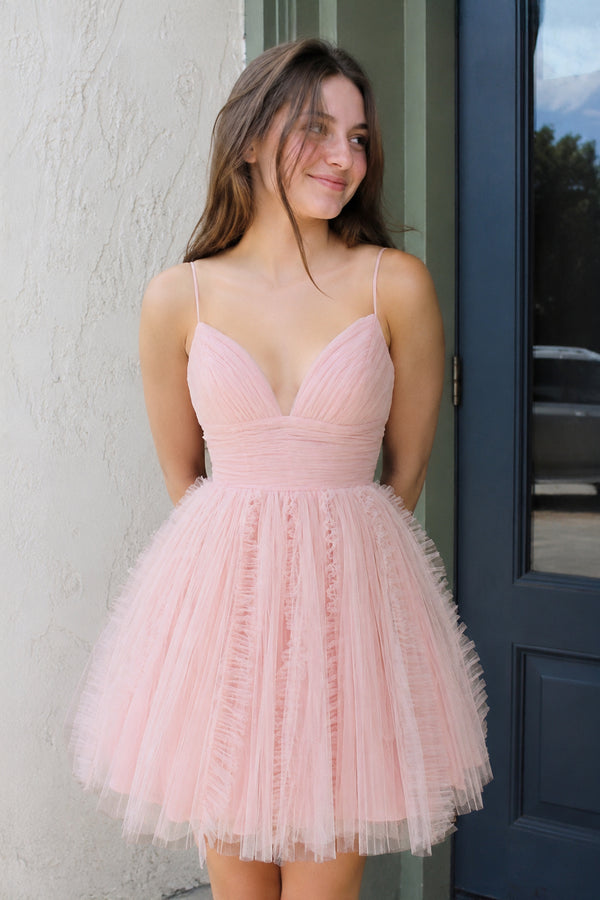 Pink Straps A-line Short Tulle Ruched Homecoming Dress - KissProm 