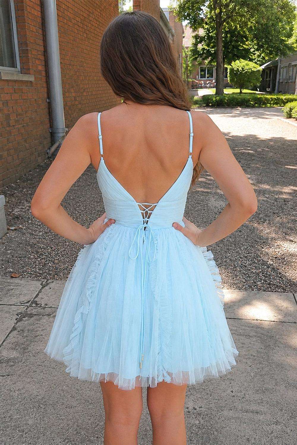 Sky Blue Straps A-line Short Tulle Ruched Homecoming Dress - KissProm 
