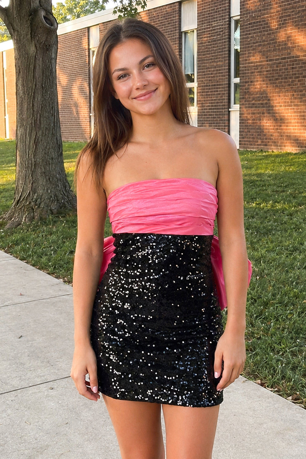 Sheath Strapless Sequined Fuchsia Black Bow Mini Party Dresses