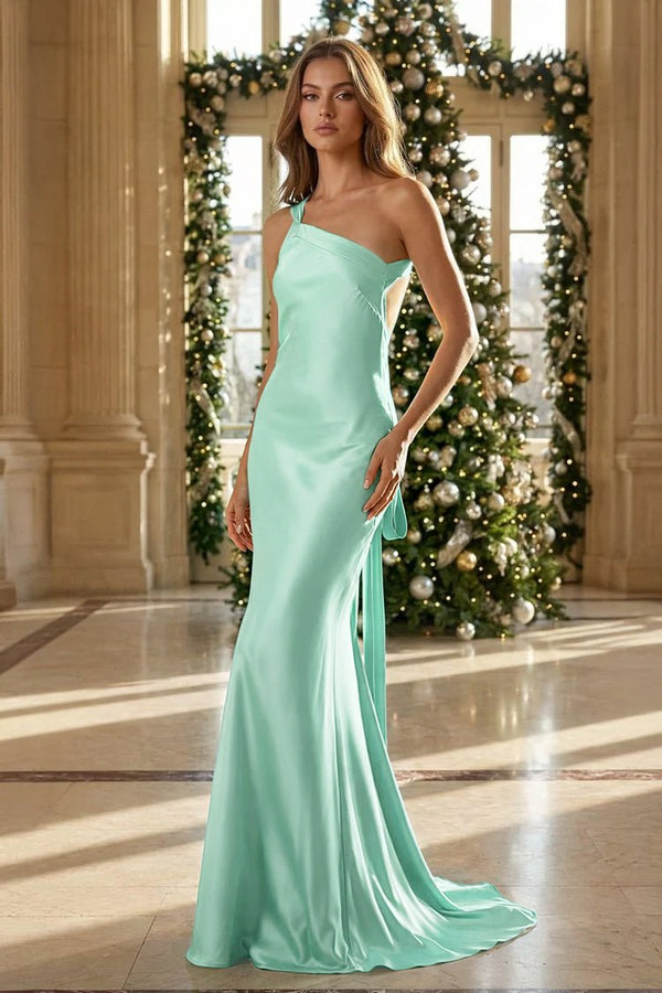 Yellow - One Shoulder Sheath Satin Backless Long Prom Dresses Yellow - One Shoulder Sheath Satin Backless Long Prom Dresses