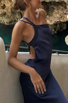 Celvany | Navy Blue - One Shoulder Sheath Satin Backless Long Prom Dresses - KissProm