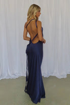 Celvany | Navy Blue - One Shoulder Sheath Satin Backless Long Prom Dresses - KissProm
