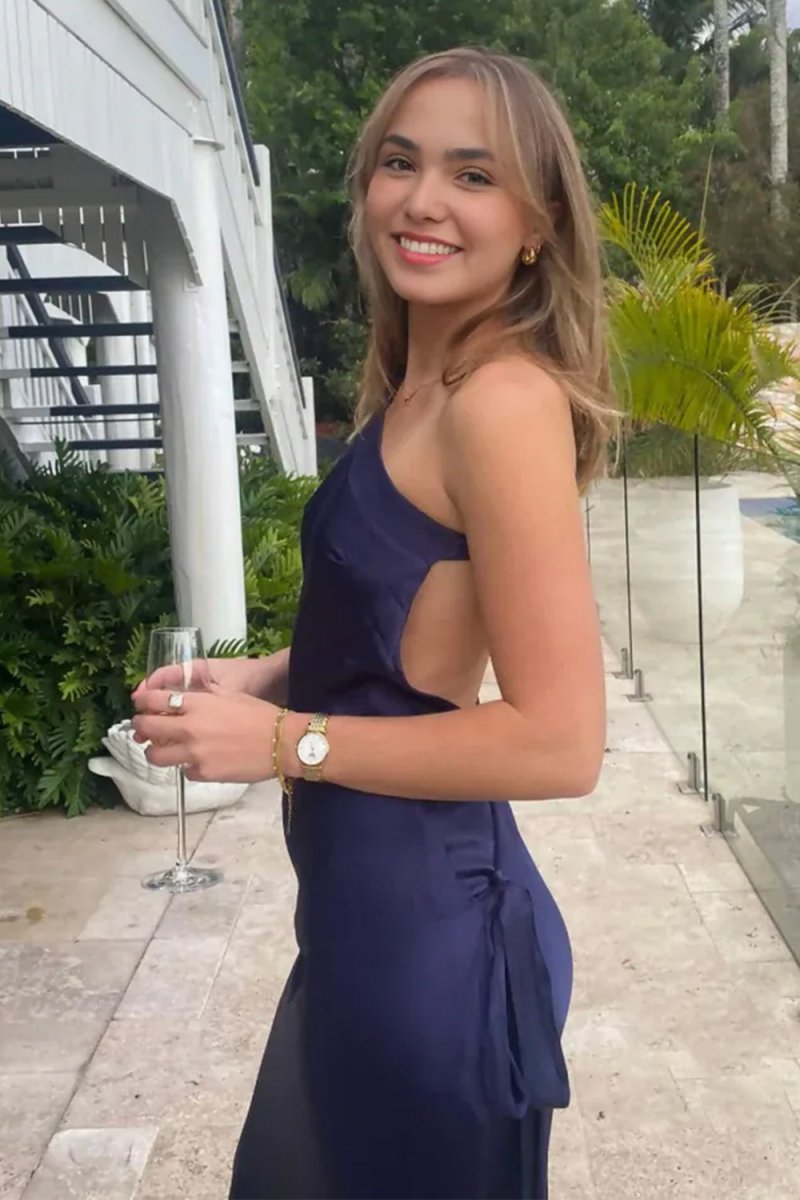 Celvany | Navy Blue - One Shoulder Sheath Satin Backless Long Prom Dresses - KissProm