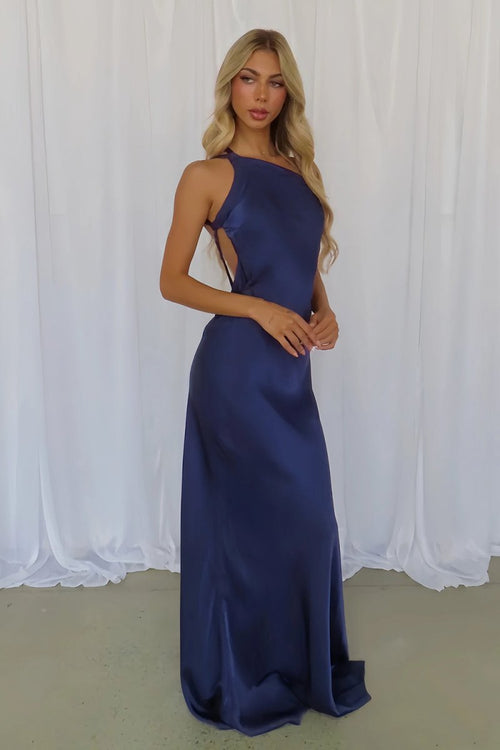 Celvany | Navy Blue - One Shoulder Sheath Satin Backless Long Prom Dresses - KissProm