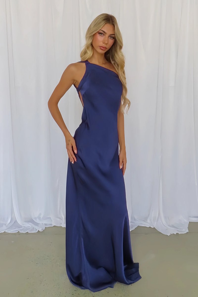 Celvany | Navy Blue - One Shoulder Sheath Satin Backless Long Prom Dresses - KissProm