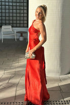 Celvany | Red - One Shoulder Sheath Satin Backless Long Prom Dresses - KissProm