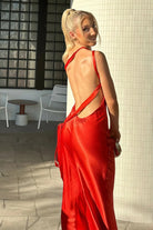 Celvany | Red - One Shoulder Sheath Satin Backless Long Prom Dresses - KissProm